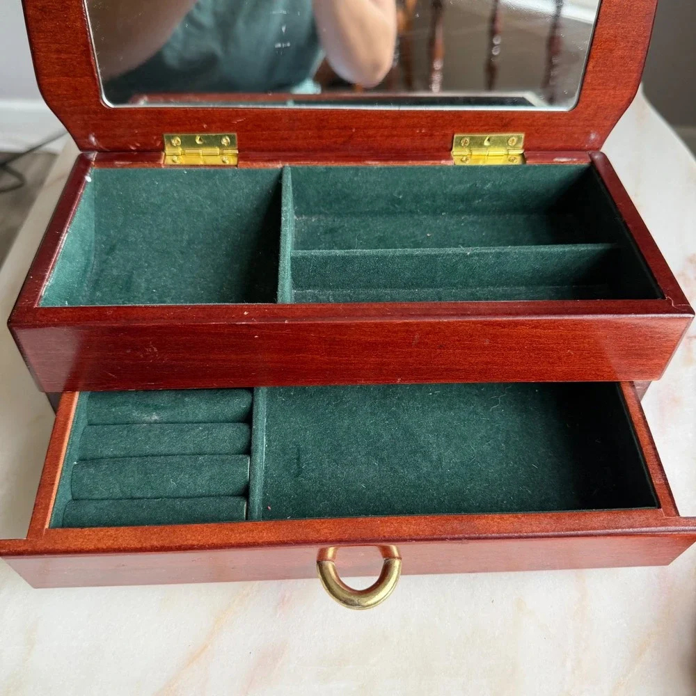 Vintage Cherry Wood Jewelry Box Mirror Green Velvet Lining Drawer Gold Hardware